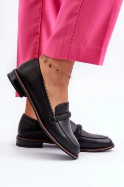 New Buty Sergio Leone Skórzane Mokasyny Damskie Z Ozdobnym Paseczkiem Czarne Saosin