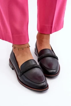 New Buty Sergio Leone Skórzane Mokasyny Damskie Z Ozdobnym Paseczkiem Czarne Saosin