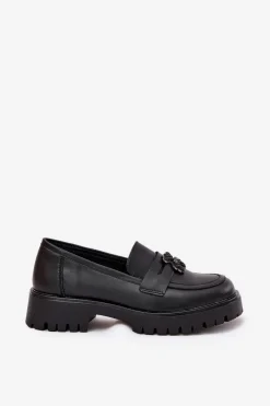 Sale Skórzane Mokasyny Damskie Z Przypinką Miś Vinceza 18109 Czarne Damskie Loafersy Damskie|Mokasyny Płaskie