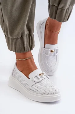 Loafersy Damskie|Mokasyny Damskie Skórzane>Damskie buty S.Barski Skórzane Mokasyny Damskie Na Platformie Białe S.Barski LR720 Biały