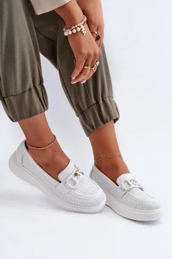 Loafersy Damskie|Mokasyny Damskie Skórzane>Damskie buty S.Barski Skórzane Mokasyny Damskie Na Platformie Białe S.Barski LR720 Biały