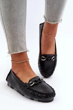 Loafersy Damskie|Mokasyny Damskie Skórzane>Damskie buty S.Barski Skórzane Mokasyny Damskie Z Ozdobą Czarne S.Barski LR339 Czarny