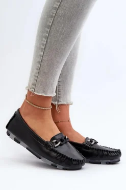 Loafersy Damskie|Mokasyny Damskie Skórzane>Damskie buty S.Barski Skórzane Mokasyny Damskie Z Ozdobą Czarne S.Barski LR339 Czarny