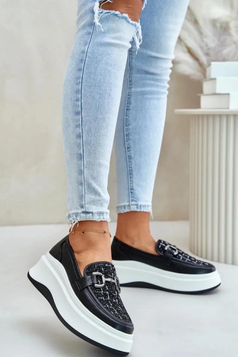 Loafersy Damskie>Buty damskie Vinceza Skórzane Mokasyny Damskie Na Platformie Z Ozdobą Vinceza 89105 Czarne Czarny