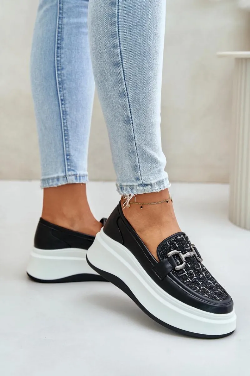 Loafersy Damskie>Buty damskie Vinceza Skórzane Mokasyny Damskie Na Platformie Z Ozdobą Vinceza 89105 Czarne Czarny