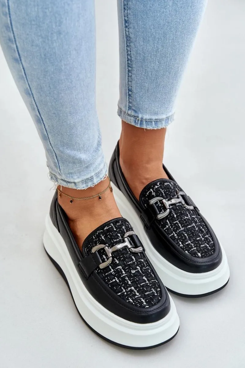 Loafersy Damskie>Buty damskie Vinceza Skórzane Mokasyny Damskie Na Platformie Z Ozdobą Vinceza 89105 Czarne Czarny