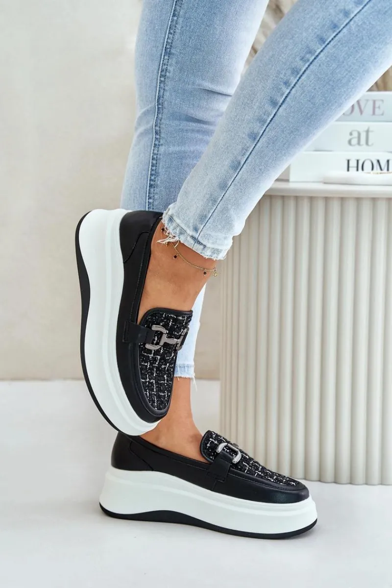 Loafersy Damskie>Buty damskie Vinceza Skórzane Mokasyny Damskie Na Platformie Z Ozdobą Vinceza 89105 Czarne Czarny