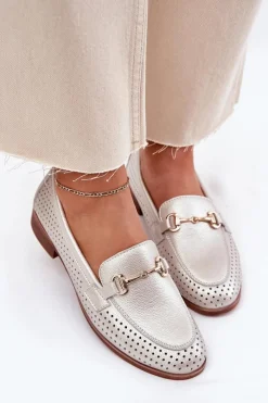 Discount Skórzane Mokasyny Damskie Z Ozdobą Na Płaskim Obcasie S.Barski LR51-594 Srebrne Damskie Mokasyny Płaskie|Mokasyny Damskie Skórzane
