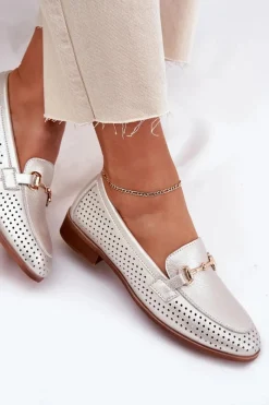 Discount Skórzane Mokasyny Damskie Z Ozdobą Na Płaskim Obcasie S.Barski LR51-594 Srebrne Damskie Mokasyny Płaskie|Mokasyny Damskie Skórzane