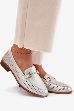 Discount Skórzane Mokasyny Damskie Z Ozdobą Na Płaskim Obcasie S.Barski LR51-594 Srebrne Damskie Mokasyny Płaskie|Mokasyny Damskie Skórzane