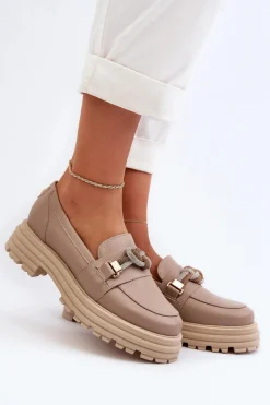 Best Laura Messi Skórzane Mokasyny Damskie Z Ozdobą 2780 Ciemnobeżowe Beżowy