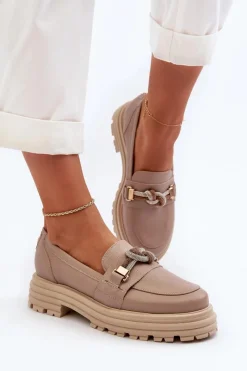 Best Laura Messi Skórzane Mokasyny Damskie Z Ozdobą 2780 Ciemnobeżowe Beżowy