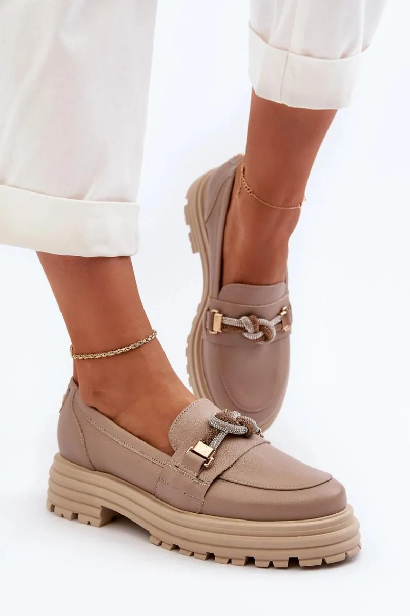 Best Laura Messi Skórzane Mokasyny Damskie Z Ozdobą 2780 Ciemnobeżowe Beżowy