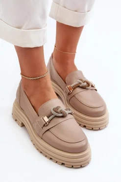 Best Laura Messi Skórzane Mokasyny Damskie Z Ozdobą 2780 Ciemnobeżowe Beżowy