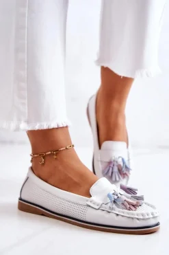 Evento Skórzane Mokasyny Damskie Z Frędzlami Białe Laressa