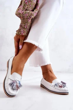 Evento Skórzane Mokasyny Damskie Z Frędzlami Białe Laressa