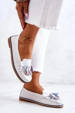 Evento Skórzane Mokasyny Damskie Z Frędzlami Białe Laressa