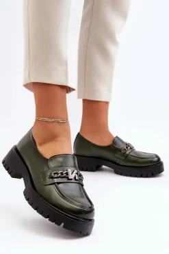 Loafersy Damskie|Mokasyny Płaskie>Buty damskie Vinceza Skórzane Mokasyny Damskie Z Ozdobą Ciemnozielone Loraleima