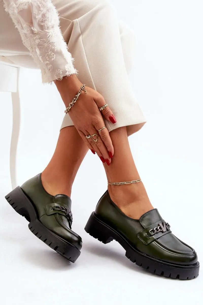 Loafersy Damskie|Mokasyny Płaskie>Buty damskie Vinceza Skórzane Mokasyny Damskie Z Ozdobą Ciemnozielone Loraleima