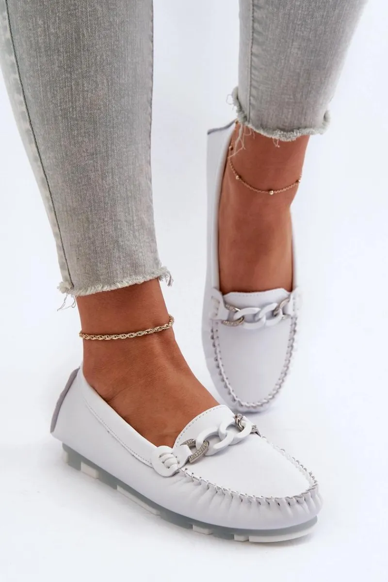 Clearance Damskie buty S.Barski Skórzane Mokasyny Damskie Z Ozdobą Białe S.Barski LR339 Biały