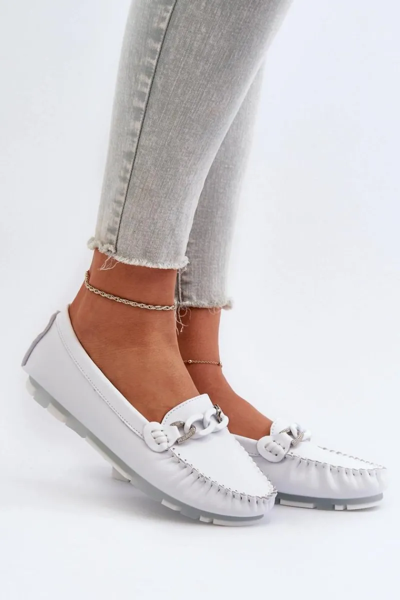 Clearance Damskie buty S.Barski Skórzane Mokasyny Damskie Z Ozdobą Białe S.Barski LR339 Biały