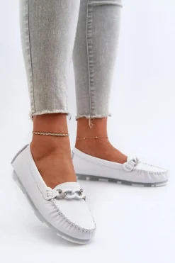 Clearance Damskie buty S.Barski Skórzane Mokasyny Damskie Z Ozdobą Białe S.Barski LR339 Biały