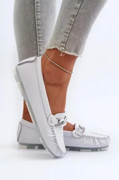 Clearance Damskie buty S.Barski Skórzane Mokasyny Damskie Z Ozdobą Białe S.Barski LR339 Biały