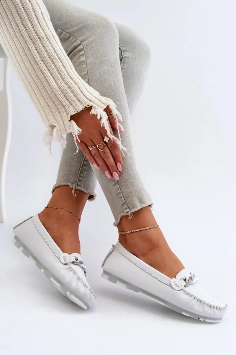 Clearance Damskie buty S.Barski Skórzane Mokasyny Damskie Z Ozdobą Białe S.Barski LR339 Biały