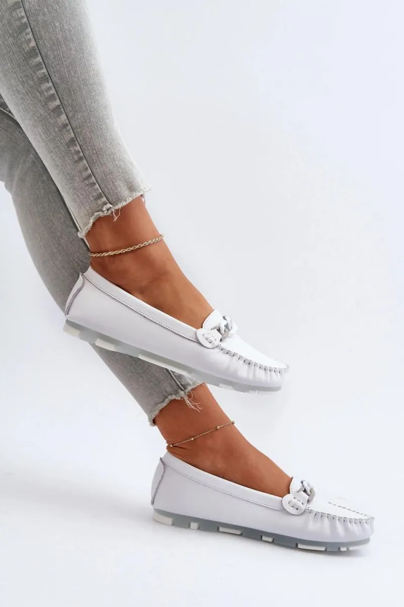 Clearance Damskie buty S.Barski Skórzane Mokasyny Damskie Z Ozdobą Białe S.Barski LR339 Biały