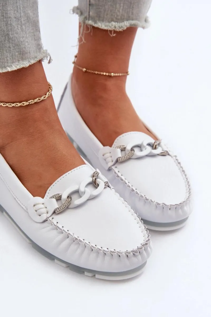 Clearance Damskie buty S.Barski Skórzane Mokasyny Damskie Z Ozdobą Białe S.Barski LR339 Biały