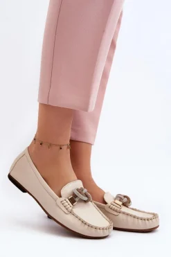 Hot Laura Messi Skórzane Mokasyny Damskie Z Ozdobą 2761 Jasnobeżowe Beżowy