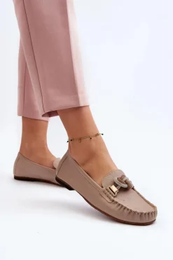 Loafersy Damskie|Mokasyny Płaskie></noscript>Laura Messi Skórzane Mokasyny Damskie Z Ozdobą 2761 Beżowe Beżowy