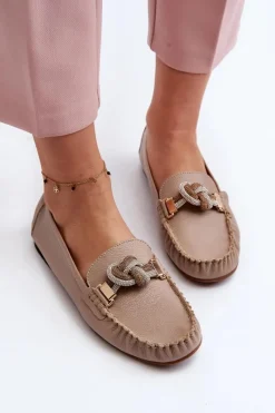 Loafersy Damskie|Mokasyny Płaskie></noscript>Laura Messi Skórzane Mokasyny Damskie Z Ozdobą 2761 Beżowe Beżowy