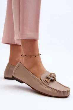 Loafersy Damskie|Mokasyny Płaskie></noscript>Laura Messi Skórzane Mokasyny Damskie Z Ozdobą 2761 Beżowe Beżowy