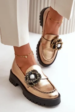 Best CheBello Skórzane Mokasyny Damskie Ozdobione Kwiatkiem Złote 4520