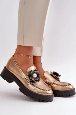 Best CheBello Skórzane Mokasyny Damskie Ozdobione Kwiatkiem Złote 4520