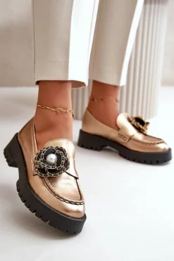 Best CheBello Skórzane Mokasyny Damskie Ozdobione Kwiatkiem Złote 4520