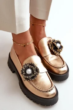 Best CheBello Skórzane Mokasyny Damskie Ozdobione Kwiatkiem Złote 4520