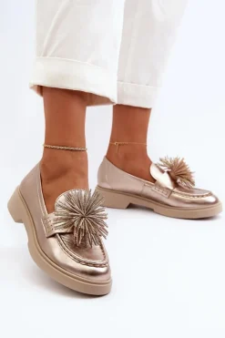 Sale Skórzane Mokasyny Damskie 4383 Złote Damskie Mokasyny Damskie Skórzane