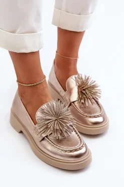 Sale Skórzane Mokasyny Damskie 4383 Złote Damskie Mokasyny Damskie Skórzane