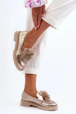 Sale Skórzane Mokasyny Damskie 4383 Złote Damskie Mokasyny Damskie Skórzane