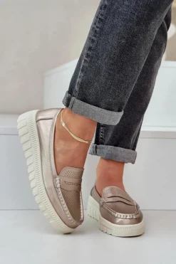 Loafersy Damskie|Mokasyny Damskie Skórzane>Evento Skórzane Mokasyny Damskie Na Platformie I Koturnie Różowe Złoto Elanindel