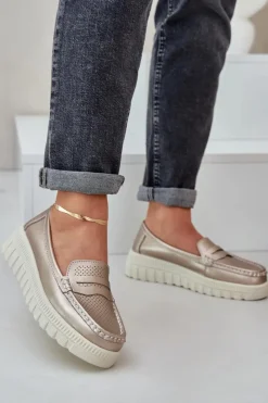 Loafersy Damskie|Mokasyny Damskie Skórzane></noscript>Evento Skórzane Mokasyny Damskie Na Platformie I Koturnie Różowe Złoto Elanindel