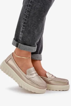 Loafersy Damskie|Mokasyny Damskie Skórzane></noscript>Evento Skórzane Mokasyny Damskie Na Platformie I Koturnie Różowe Złoto Elanindel