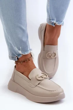 Loafersy Damskie|Mokasyny Damskie Skórzane>Damskie buty S.Barski Skórzane Mokasyny Damskie Na Platformie Beżowe S.Barski LR490