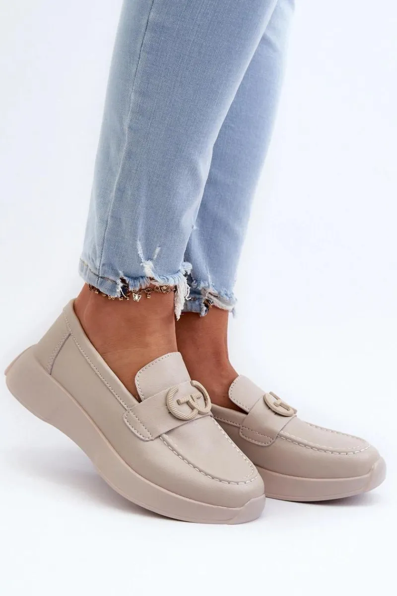 Loafersy Damskie|Mokasyny Damskie Skórzane>Damskie buty S.Barski Skórzane Mokasyny Damskie Na Platformie Beżowe S.Barski LR490
