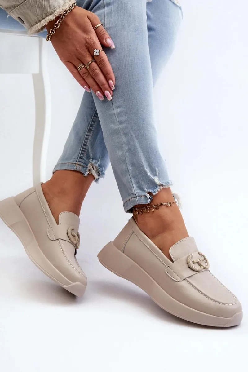 Loafersy Damskie|Mokasyny Damskie Skórzane>Damskie buty S.Barski Skórzane Mokasyny Damskie Na Platformie Beżowe S.Barski LR490