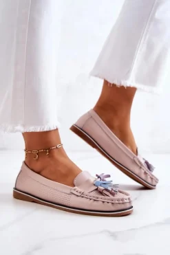 Loafersy Damskie|Mokasyny Płaskie>Evento Skórzane Mokasyny Damskie Z Frędzlami Różowe Laressa Różowy