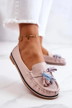 Loafersy Damskie|Mokasyny Płaskie>Evento Skórzane Mokasyny Damskie Z Frędzlami Różowe Laressa Różowy