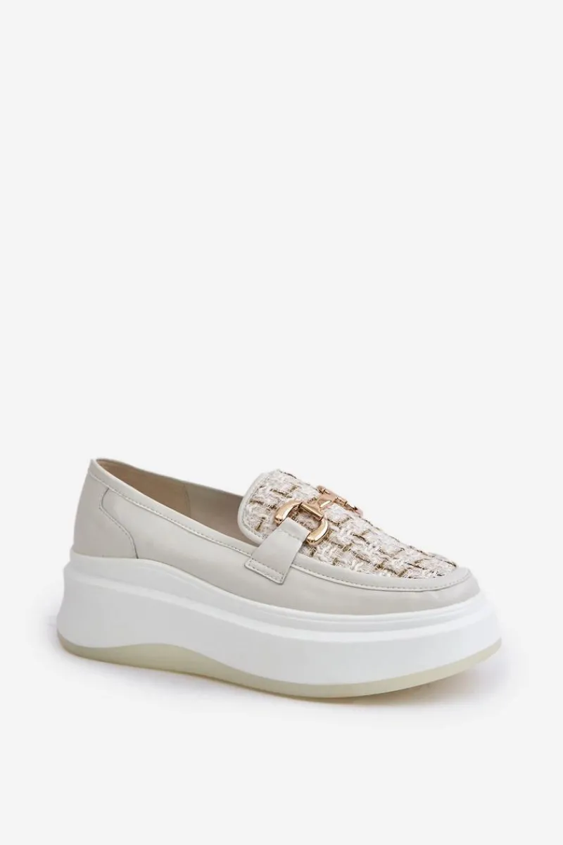 New Skórzane Mokasyny Damskie Na Platformie Ze Złotą Ozdobą Vinceza 89105 Jasnobeżowe Damskie Loafersy Damskie